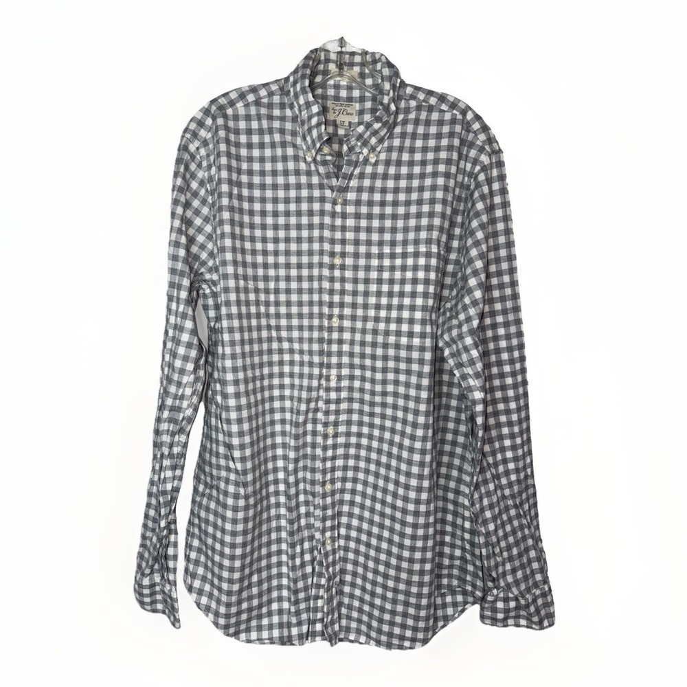 J Crew LT Men's Gray Gingham Button Down Shirt Large Tall Organic Cotton Classic